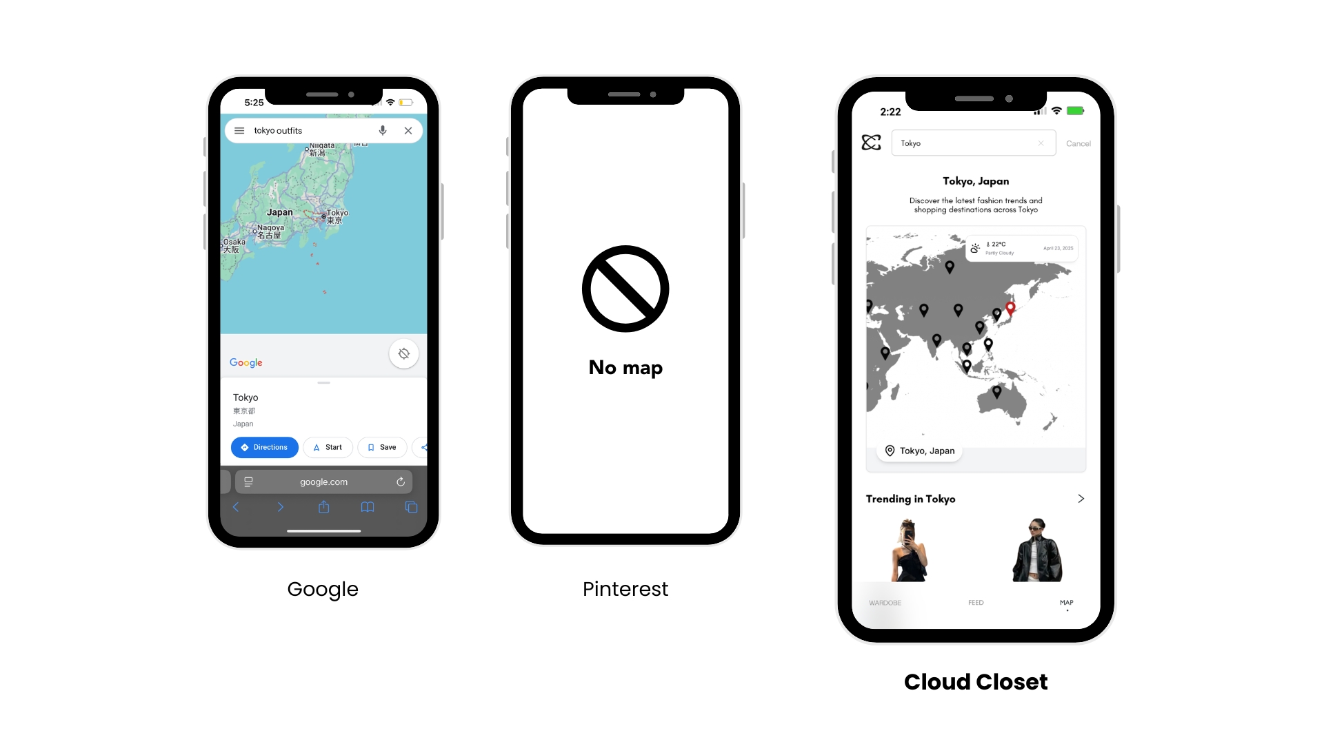 A visual comparison between Google, Pinterest, and Cloud Closet for a fashion map search.